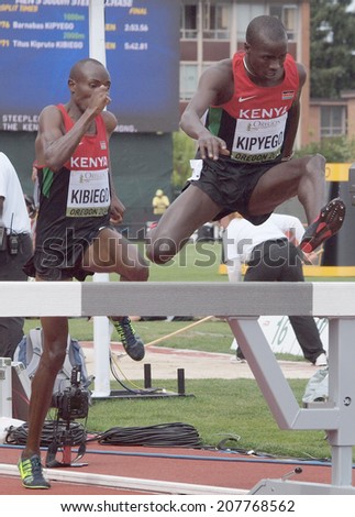 July 27, 2014 Eugene, Oregon - Kenyan teammates Barnabas Kipyego and Titus Kipruto Kibiego clear the barrier in the 3000m steeplechase at the 2014 IAAF World Junior Championship track meet.