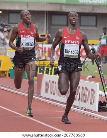 July 27, 2014 Eugene, Oregon - Kenyan teammates Barnabas Kipyego and Titus Kipruto Kibiego claim the gold and silver medals in the 3000m steeplechase at the 2014 IAAF World Junior Championships.