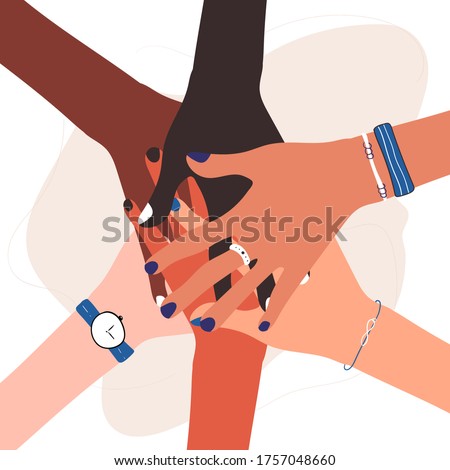 Colorful concept of hands of diverse group of people putting together. Social community, cooperation, agreement, teamwork, partnership, togetherness top view. Flat cartoon vector stock illustration.