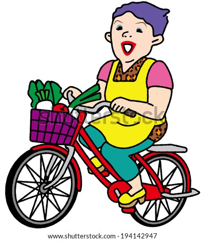 Middle-aged woman flashy in good spirits.  SHOPPING riding a bicycle