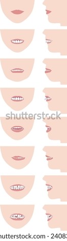 Types of tooth alignment and malocclusion. Vector illustration of front face and profile