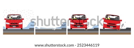 A hole in an asphalt road caused by freezing and melting snow in winter. An illustration of a road collapsing and a passenger car's tire falling off.