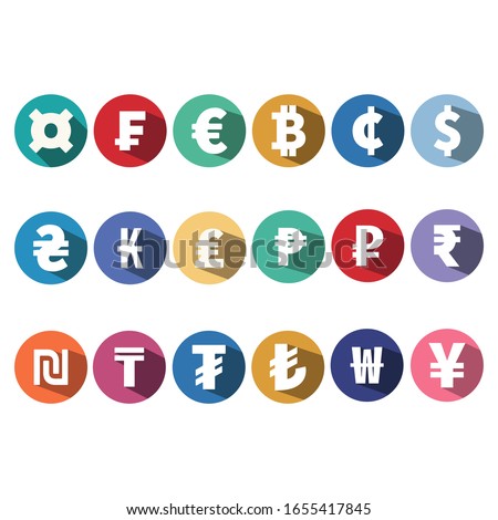 Currency symbol with long shadow . BitCoin ,Cent,Dollar,Euro,Franc,Generic currency symbol,Hryvnia,Kip,Lira,Peso,Ruble,Rupee,Sheqel, Tenge, Won, Yena , Tugrik icons