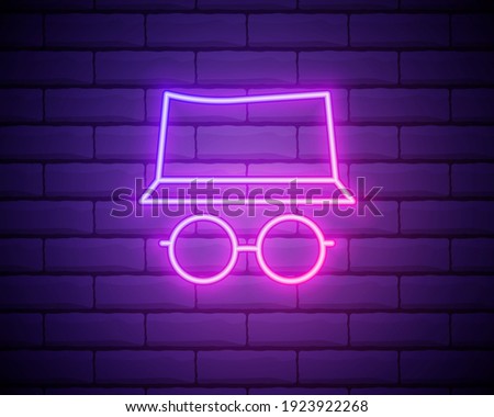 Private browsing neon thin line icon: person in hat and face mask on web page. Modern vector illustration