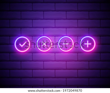 Plus, check, minus, cross sign neon icon. Simple thin line, outline vector of web icons for ui and ux, website or mobile application isolated on brick wall.