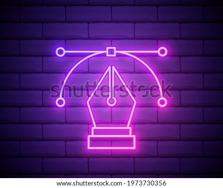 Glowing neon Bezier curve icon isolated on brick wall background. Pen tool icon. Vector Illustration.