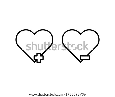 Pixel-perfect linear heart icons with plus and minus signs. The initial base line. In one-color variant. Editable strokes.