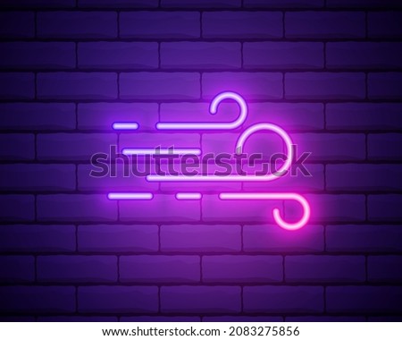 Wind icon glow neon style, concept weather condition outline flat vector illustration, isolated on black. Brick background, web climate label stuff