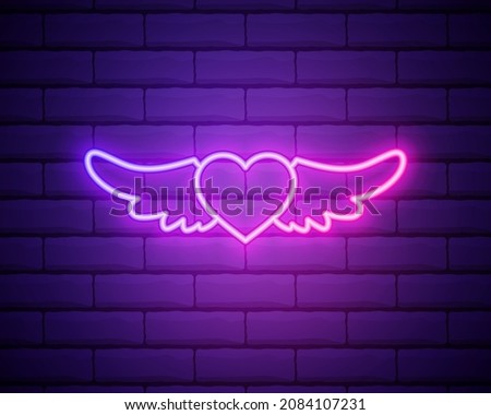 Heart with Wings purple glowing neon ui ux icon. Glowing sign logo vector isolated on brick wall background