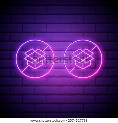 Glowing neon Carton cardboard box prohibition icon isolated on brick wall background. Box, package, parcel sign. Delivery and packaging. Vector.