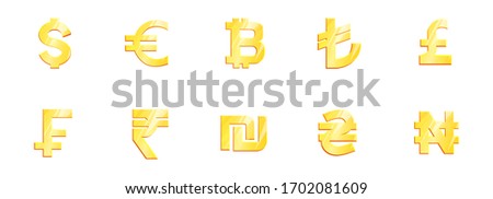 World currency gold symbol big set. Main currencies dollar euro pound lira frank rupee shekel naira hryvna bitcoin. Exchange Money banking illustration. Financial sign stock vector.
