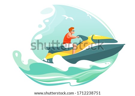 Man ride jetski in sea vector poster. Aquabike on ocean waves illustration. Summer cartoon landscape with character in sunglasses on water scooter. Extreme watersport banner. Wave isolated background.
