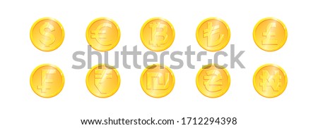 World currency gold coin symbol big set. Main currencies dollar euro pound lira frank rupee shekel naira hryvna bitcoin. Exchange Money banking illustration. Financial sign stock vector.