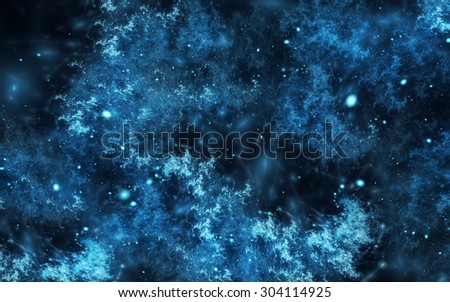 Abstract fractal, snowy light-blue spray on dark-blue background