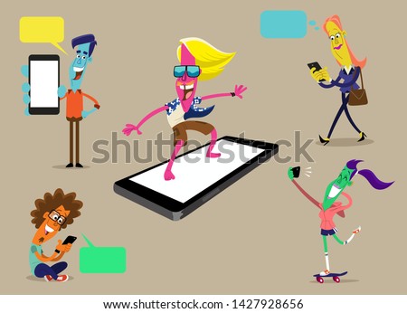 Flat cartoon characters using their cell phones