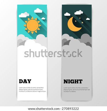  Sun, moon and stars. Day and night vector banners isolated.