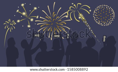 Firework with the silhouette of the crowd. People taking photo with mobile phone.Various type of sparkling firework shooting in the show. Vector illustration