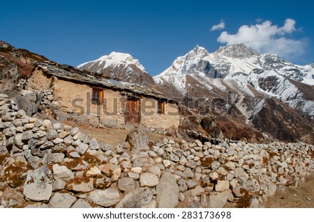 Old house in mountains in Himalayas on the way to Everest base camp in Sagarmatha National Park, Nepal