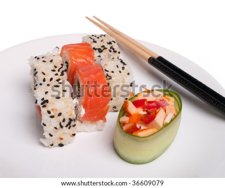 Asian lunch (plate of sushi isolated on the white background)