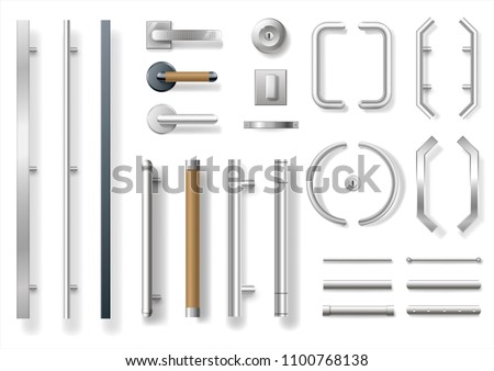 Set of modern door handles for doors or windows. Architectural details and accessories. Vector graphics