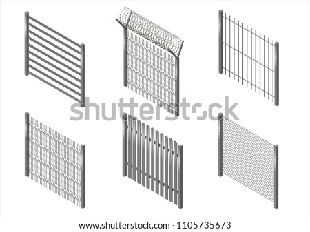 Set of metal fences, borders and walls in an isometric view. Mesh, barbed wire. Vector graphics