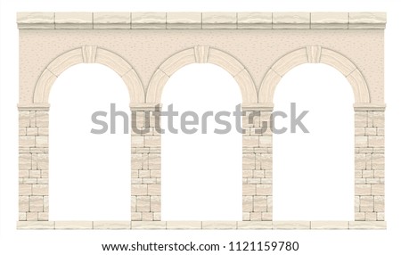 Arch in the wall of beige cut stone and travertine marble for a window or door in the classic style