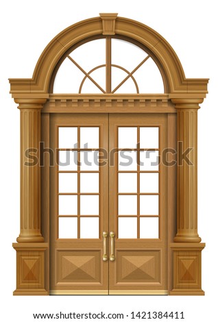 Classic facade with wooden oak door in a classic style. Vector graphics