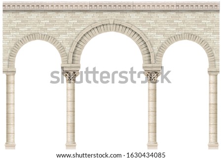 Vector background or texture. An ancient arcade made of stone columns or the wall of a palace castle.