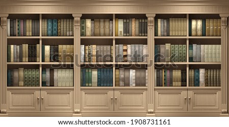 3d illustration. Wall wooden background classical library books or library study or living room, education
