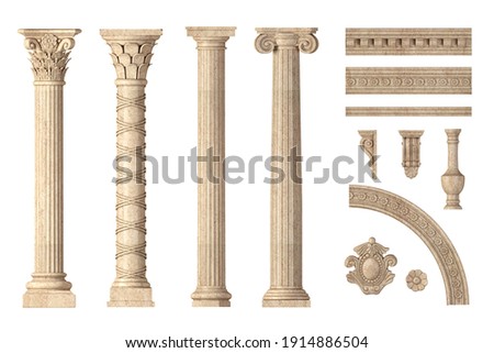 3d illustration. Classic antique marble columns set in in different styles