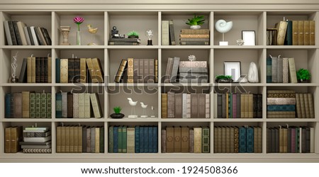 3d illustration. Wall wooden background classical library books or library study or living room, education