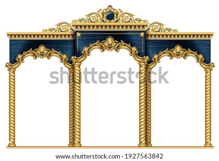Golden luxury classic arch with columns. The portal in Baroque style. The entrance to the fairy Palace
