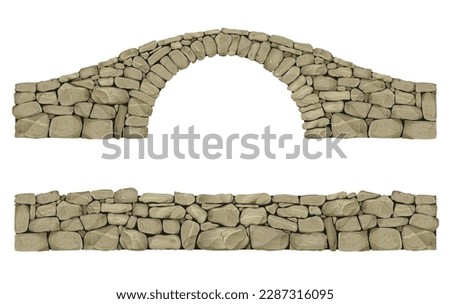 Vector realistic stone arch ancient bridge made of boulders. Retaining wall or fence
