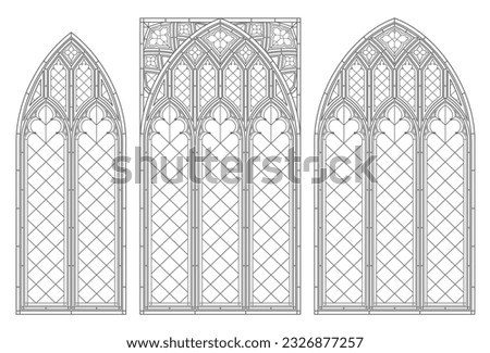 Realistic Gothic medieval contour window or gate arch. Background or texture. Architectural element. Forging. Cathedral stained-glass window.