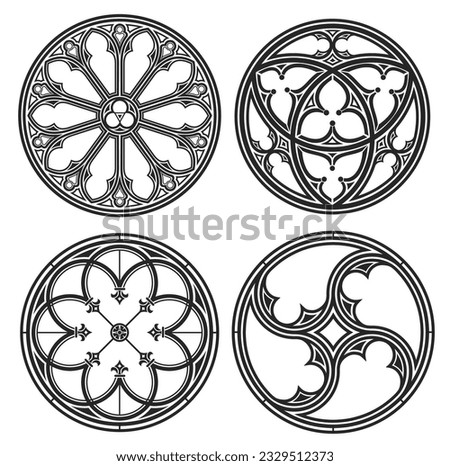Set of vector silhouettes of cathedral round gothic windows. Forging or stained glass.