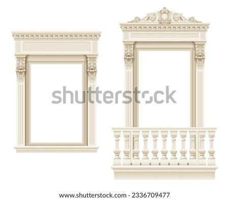 Classic architectural window or door facade decor for the frame. Set of vector elements. Transparent shadow.