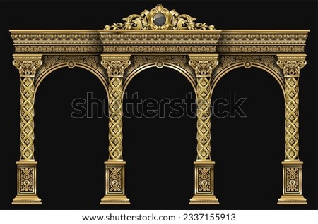 Golden luxury classic arch with columns. The portal in Baroque style. The entrance to the fairy Palace