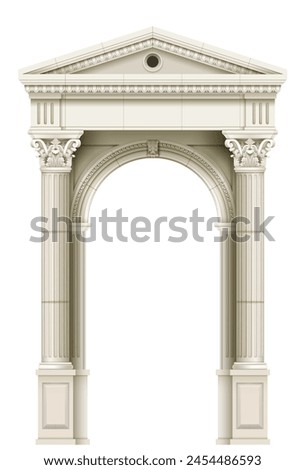 Antique white colonnade with Ionic columns. Three arched entrance or niche. Vector graphics