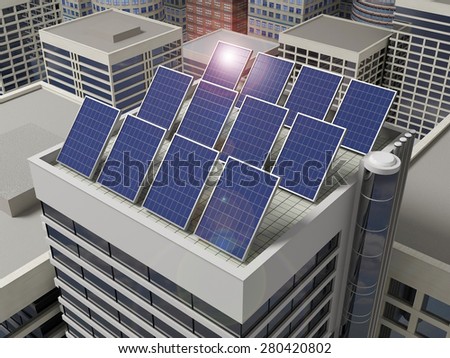 Solar panels. Solar panels on the roof of a skyscraper.