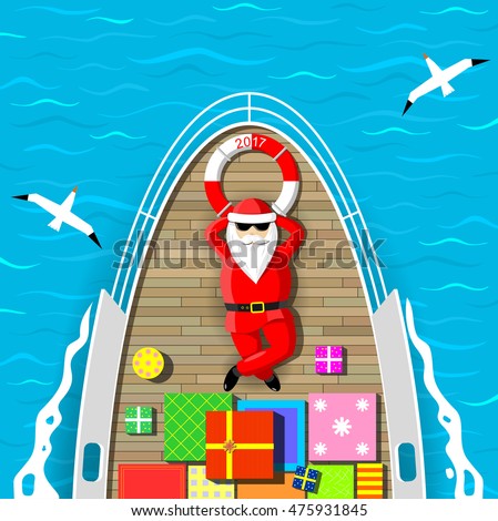 Santa Claus is swimming on a yacht lying on the deck with a bunch of gift boxes. Sea waves and seagulls around. Vector graphics.