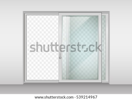 Modern wide sliding door with transparent glass. Vector graphics. The interior of the room.