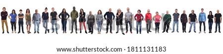 Photo of large group of mixed people over white background