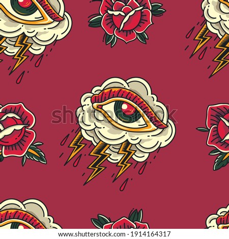 Colorful Old School Crying Eye cloud Tattoo with flower ornament seamless pattern