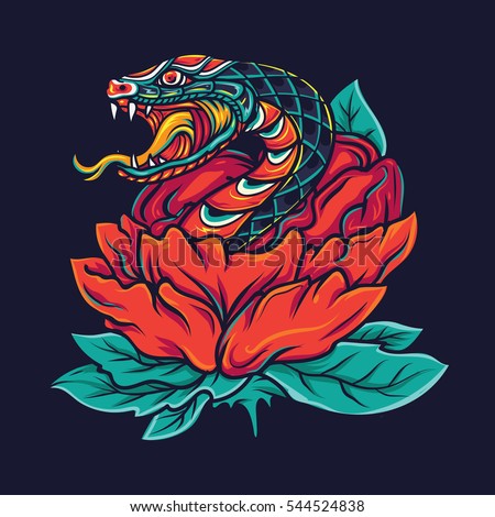 Colorful Old School Snake with Flower Tattoo Illustration