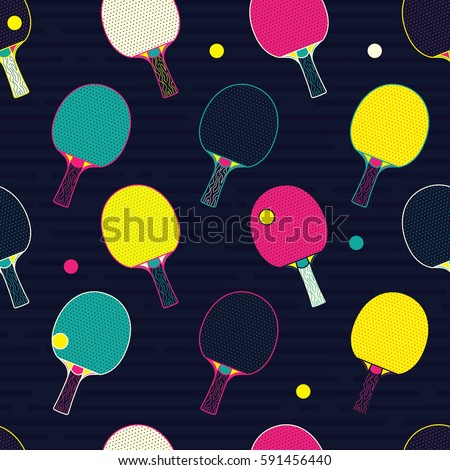 Pop and Colorful Ping Pong / Table Tennis bat and ball Seamless Pattern. Background Wallpaper 商業照片 © 