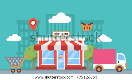 Storefront in city, store building on town street landscape, 
flat illustrations in vector and icons, shop facade front view, online shop.