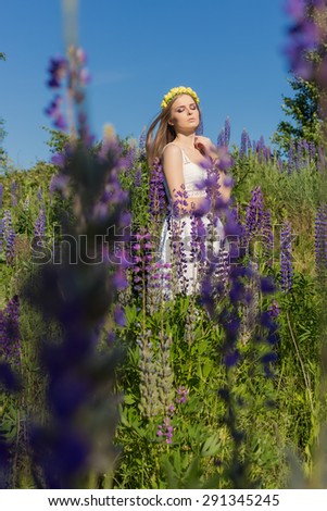 beautiful cute gentle girl in white sundress with a wreath of roses on her head walks a field with lupine