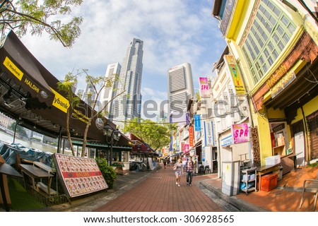 SINGAPORE-JUN 26, 2015: View of colorful business building, Pub and restaurant in Little India and chinese style, Singapore on June 26, 2015