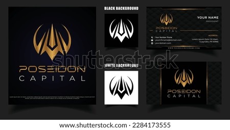 Trident Poseidon Logo. Simple and Luxurious Capital Group Company Logo Design With Business card design