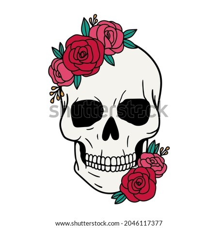 Skull with flowers, with roses. Human skull portrait with floral wreath. Vector illustration isolated on white background. Sugar skull floral print for Halloween.